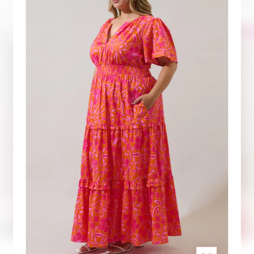 Sugar Lips Rea Floral Palmer Poplin Tiered Maxi Dress Curve 1X